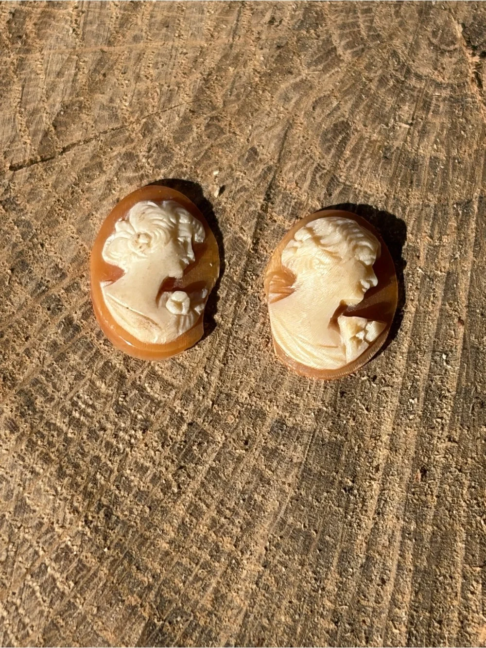 Vintage Hand Carved Shell Cameo Pair Petite Lady Profiles Mini Cabochons